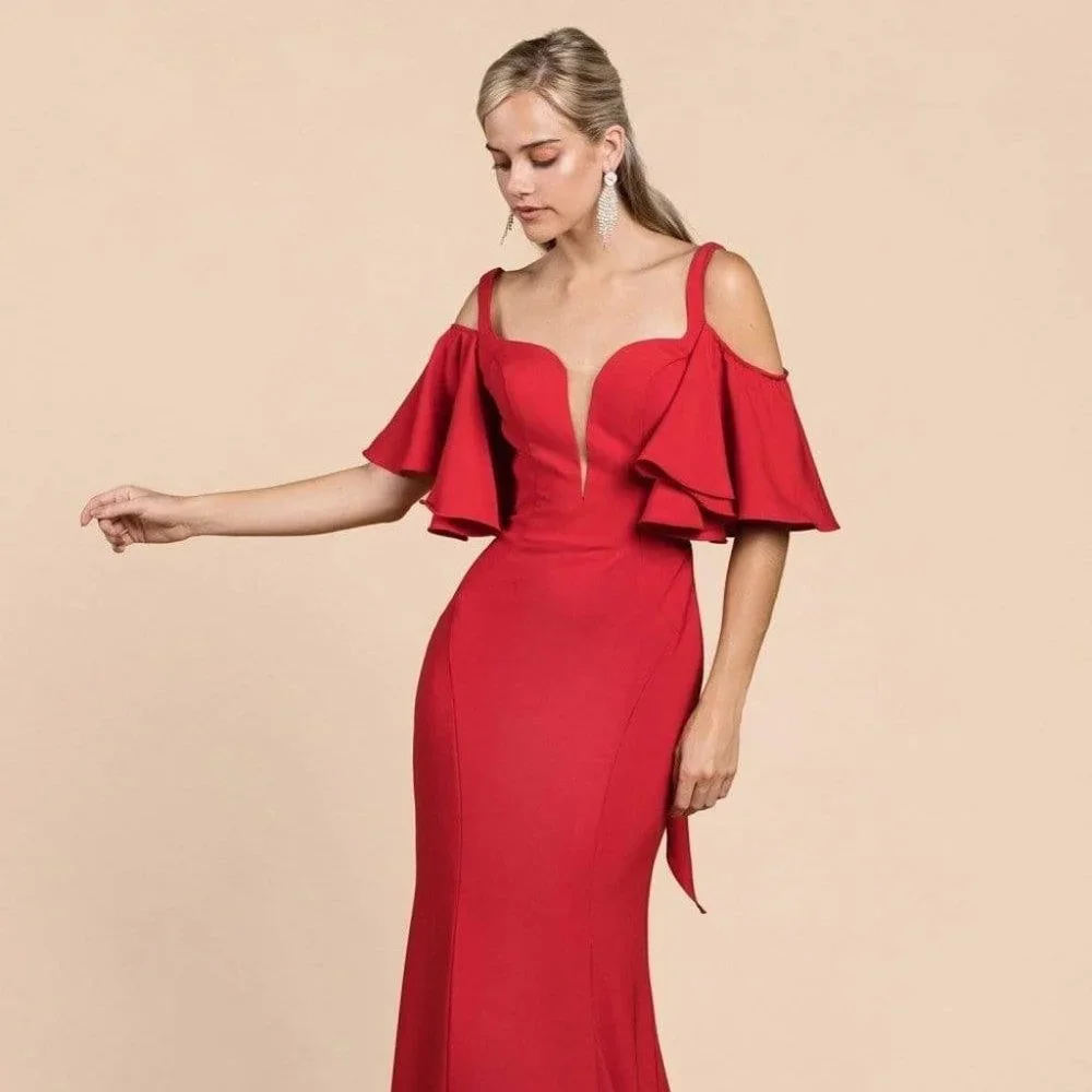 NEW LONG OFF THE SHOULDER TRUMPET DRESS WITH FLARED SLEEVES & DEEP SLIT CD A0079